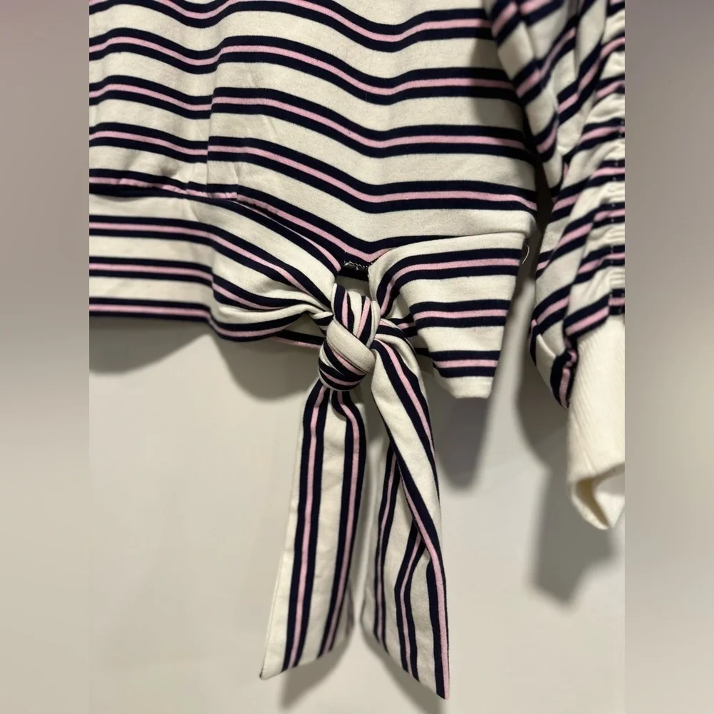 NWOT Kensie Womens Sz:S striped tie-waist ruched sleeve Pullover sweatshirt.